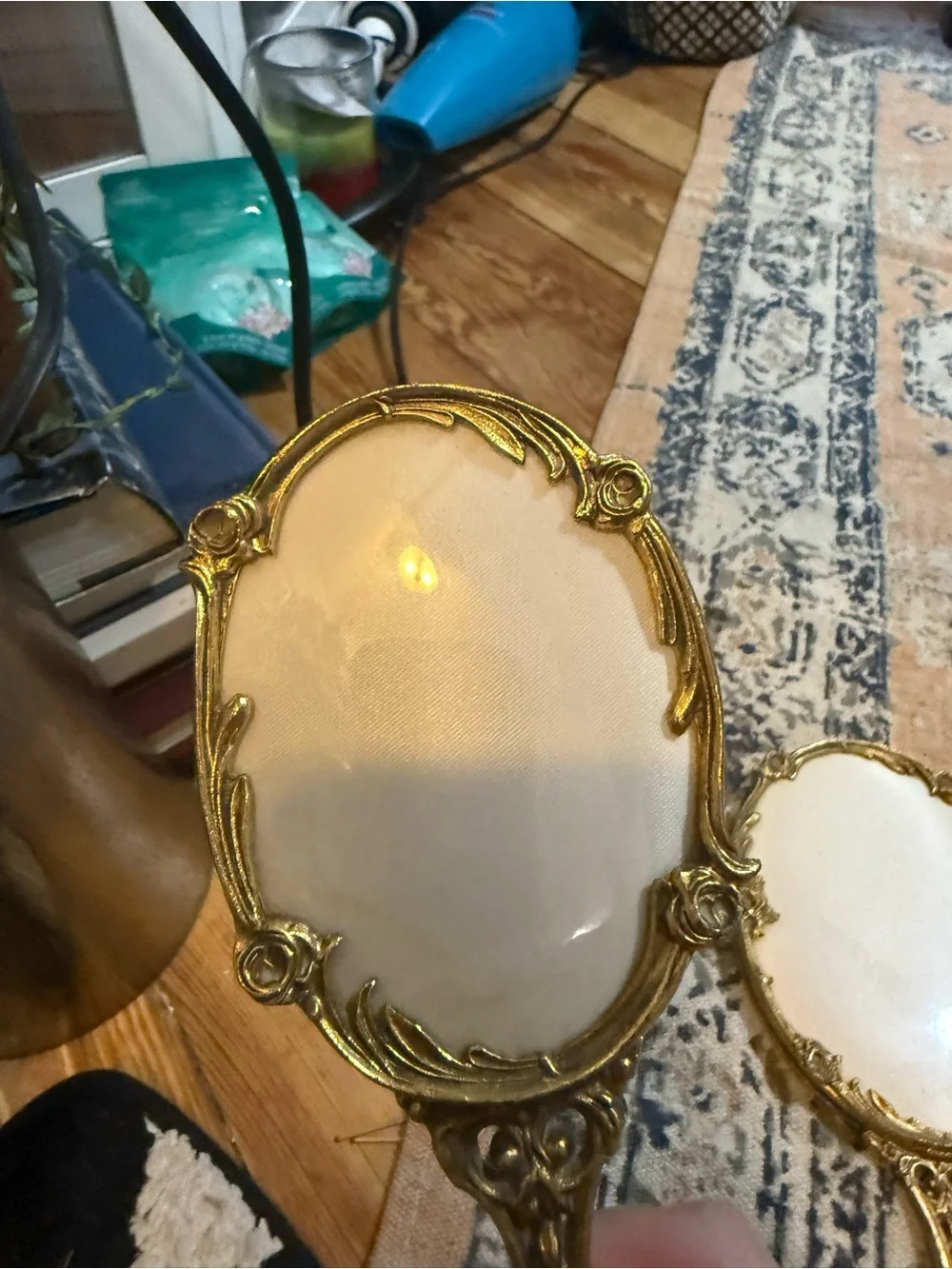 Vintage Hollywood regency ornate Gold Hand Mirror and Brush Set